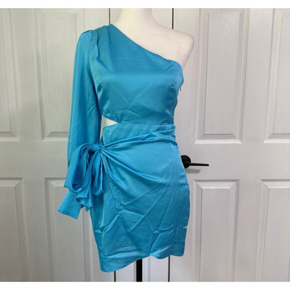 Hello Molly New Women's Blue Satin One Shoulder Cut Out Mini Dress Size 4 - Picture 1 of 14